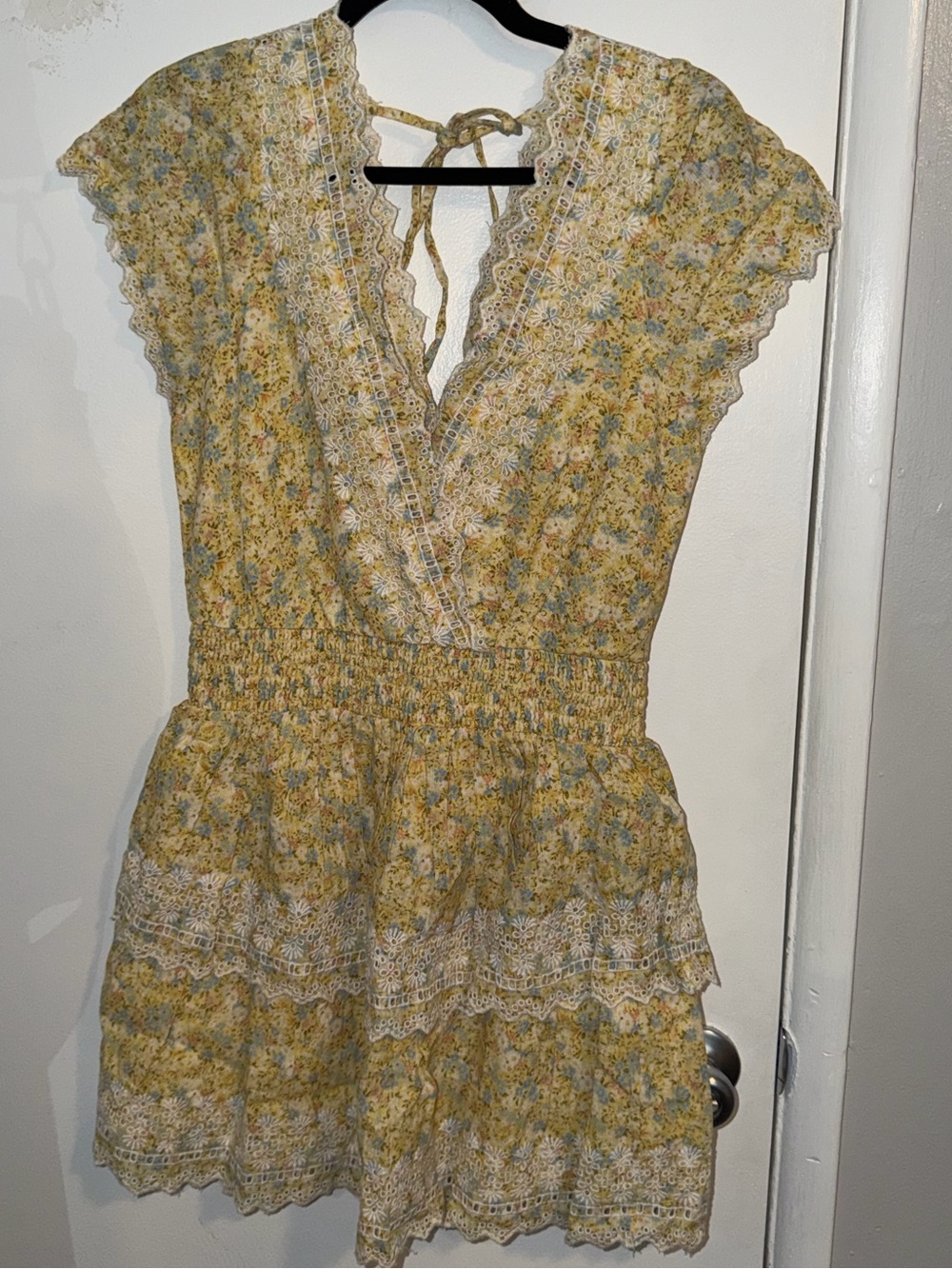 American Eagle Outfitters Yellow Floral Lace-Trim Embroidered Linen Mini Dress